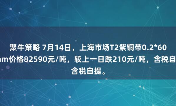 聚牛策略 7月14日，上海市场T2紫铜带0.2*600mm价格82590元/吨，较上一日跌210元/吨，含税自提。